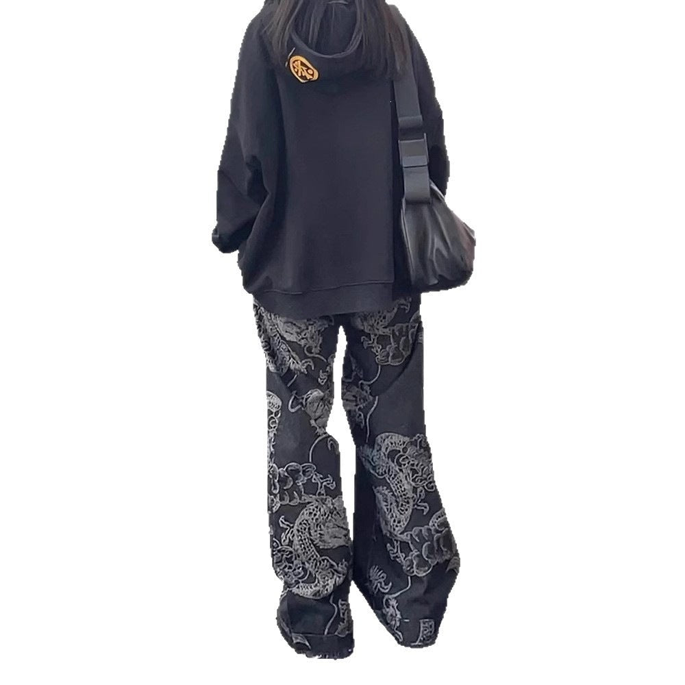 American-style Vintage Edgy Dragon-print Slimming Wide-leg Denim Pants - RALO COLLECTION STUDIO
