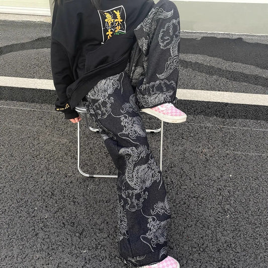 American-style Vintage Edgy Dragon-print Slimming Wide-leg Denim Pants - RALO COLLECTION STUDIO