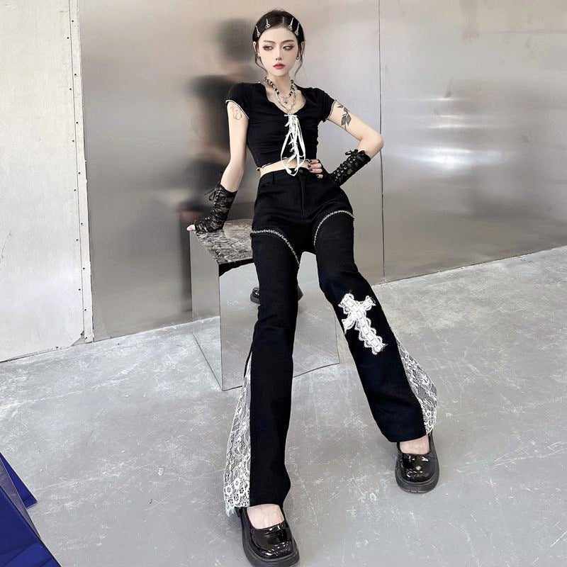 Dark Cross Lace Rivet Decoration Stitching Flared Pants Super Thin And High Waist - RALO COLLECTION STUDIO