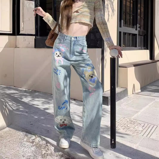 Graffiti Printing Women's High Waist Loose Straight Wide Leg Jeans - RALO COLLECTION STUDIO