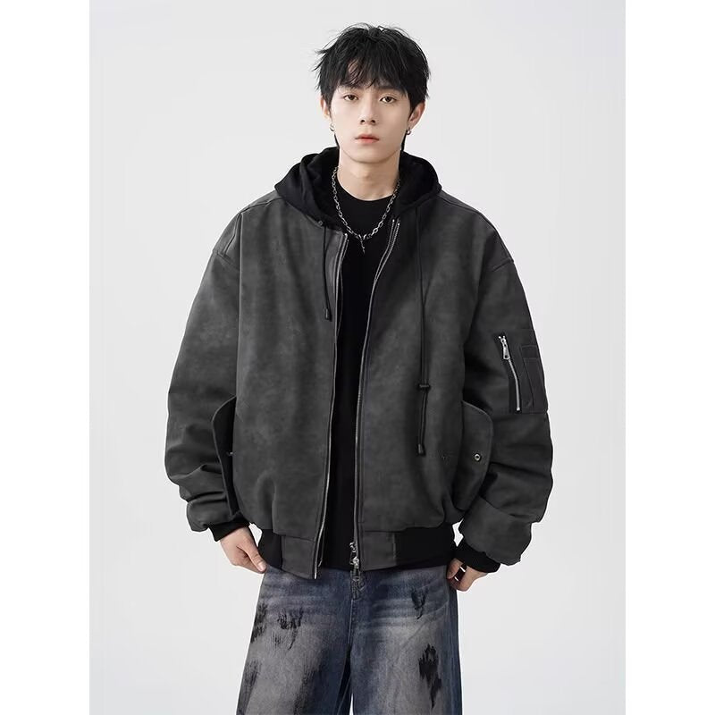 Mens Faux Two-piece Leather Jacket Cotton-padded Flight Jacket - RALO COLLECTION STUDIO