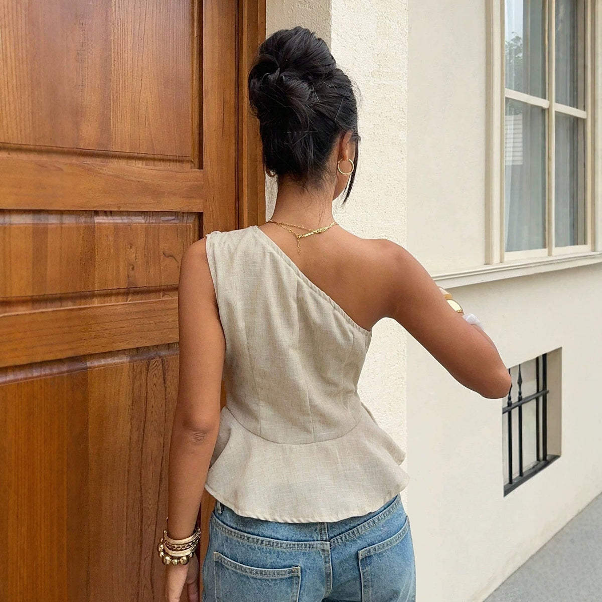 One-Shoulder Pleated Waistline Ruffled Hem Slimming Sleeveless Tank Top - RALO COLLECTION STUDIO