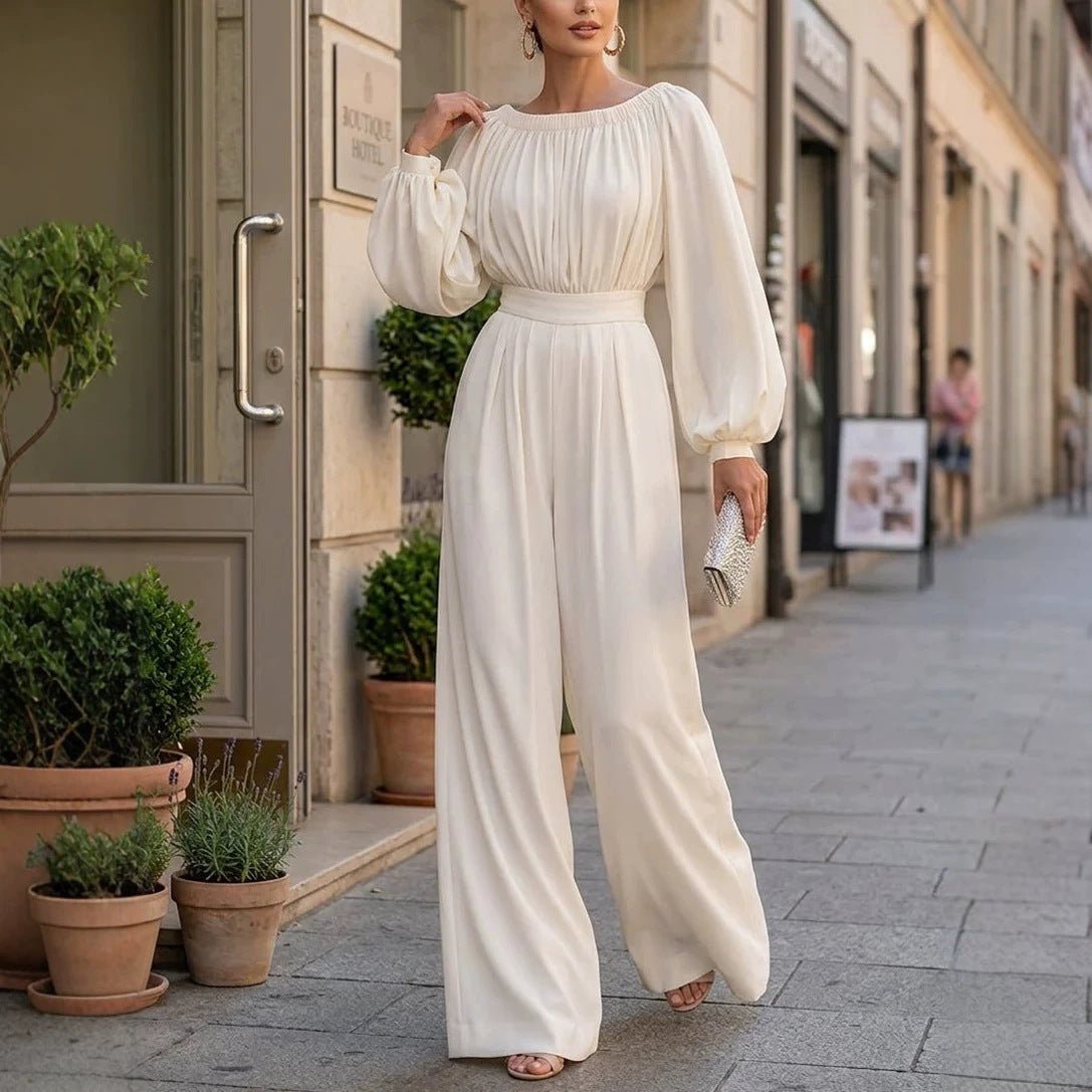 One-shoulder Puff-sleeve Waist-cinching Wide-leg Jumpsuit - RALO COLLECTION STUDIO