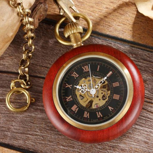 Red Copper Wood Roman Scale Retro Mechanical Pocket Watch - RALO COLLECTION STUDIO
