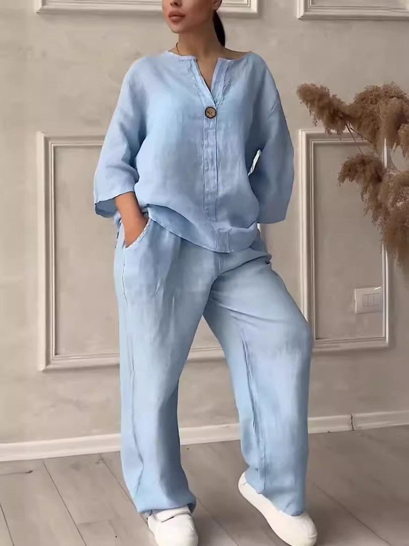 Relaxed-fit Top And Wide-leg Pants Casual Cotton-linen Set - RALO COLLECTION STUDIO
