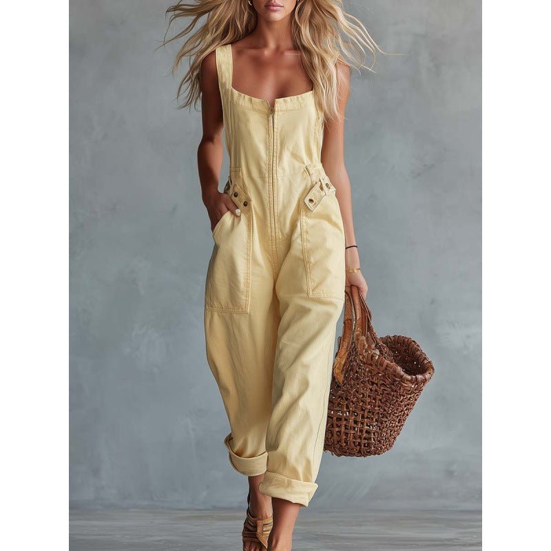 Retro Square Neck Denim Jumpsuit With A Front Zipper - RALO COLLECTION STUDIO