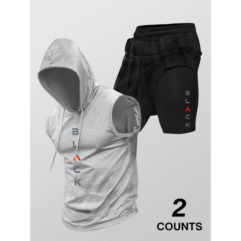 Running Fitness Printed Hooded Sleeveless Tank Top And Shorts Set - RALO COLLECTION STUDIO