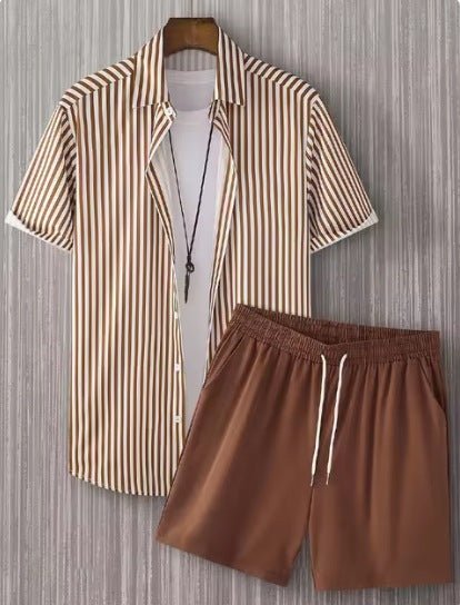 Ralo Striped Lapel Short Sleeve Shirt & Shorts Two-Piece Set - RALO COLLECTION STUDIO