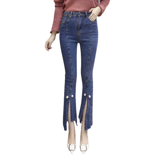 Slit Cropped Micro-flare Jeans Women Slim Slim Straight-leg Pants Trousers - RALO COLLECTION STUDIO