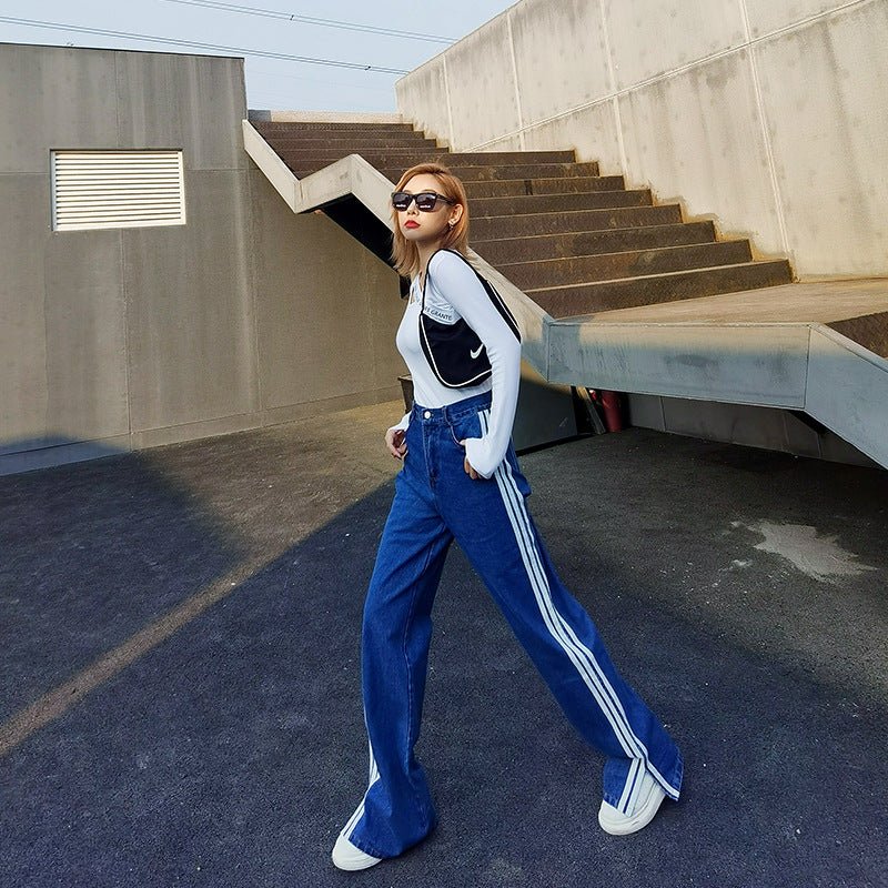 Split White Striped Blue Jeans Women's All-Match Casual Wide-Leg Pants - RALO COLLECTION STUDIO