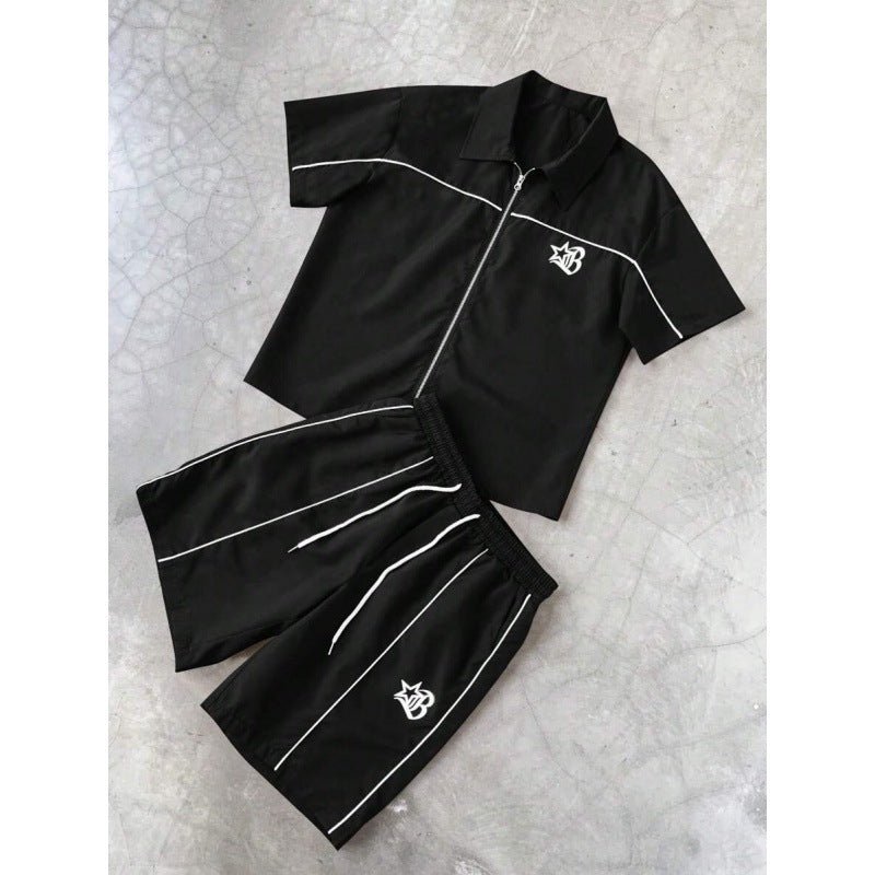 Striped Zip-front Short-sleeve Shirt And Shorts Set - RALO COLLECTION STUDIO