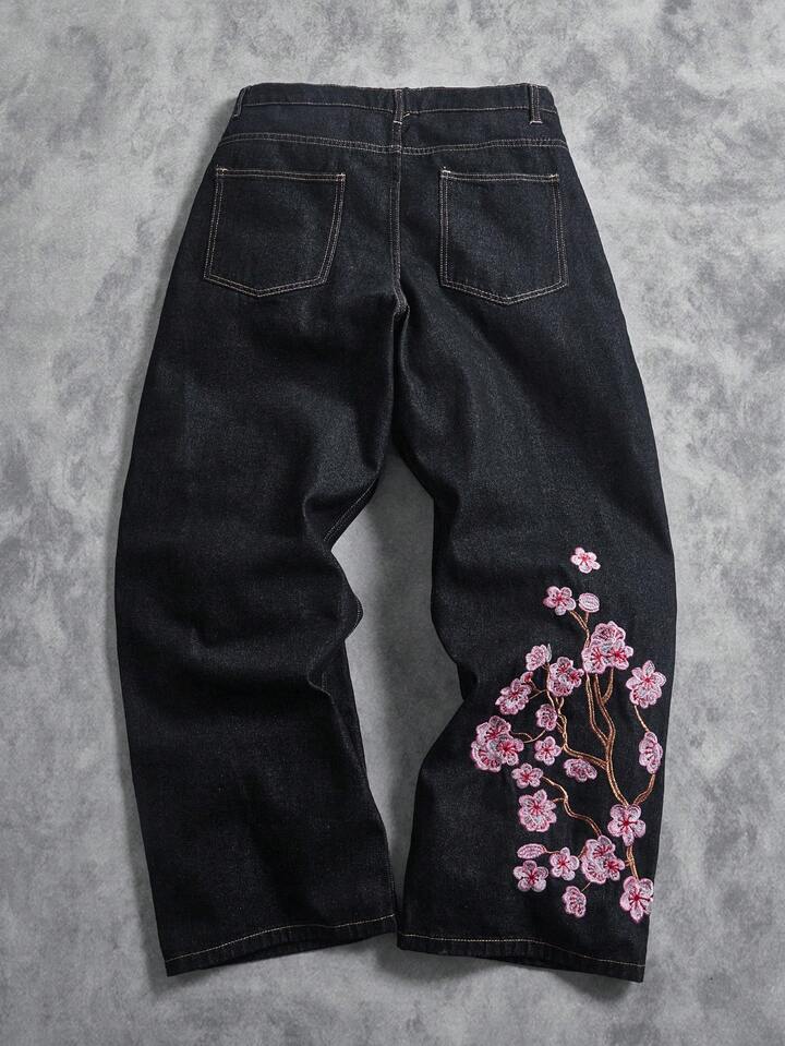Vintage Cherry-blossom-embroidered Wide-leg Denim Jeans - RALO COLLECTION STUDIO
