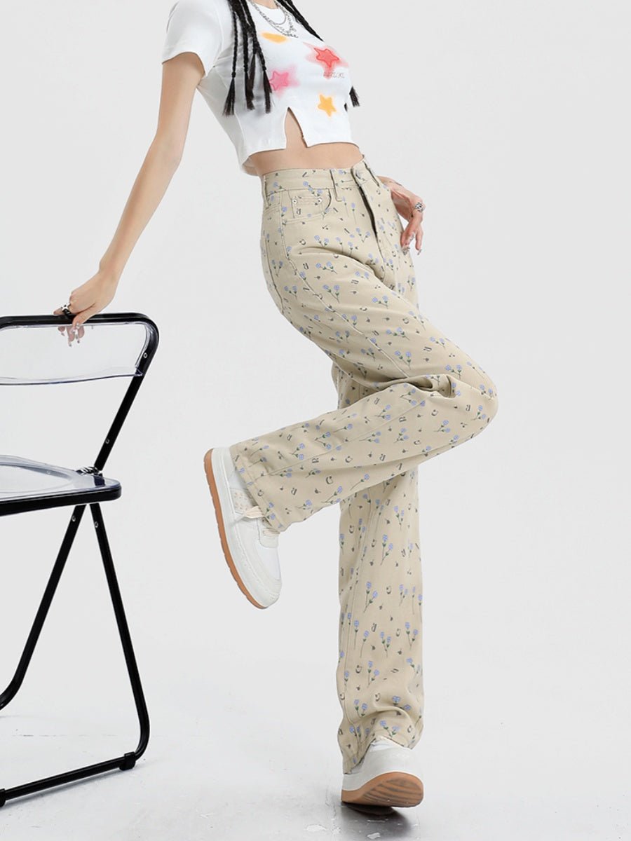 Vintage Floral High Waist Jeans Women's Wide Leg Straight Casual Pants - RALO COLLECTION STUDIO
