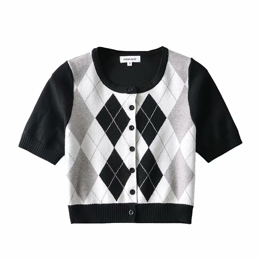 Wind Contrast Color Plaid Cardigan Short - Sleeved T-shirt Woman - RALO COLLECTION STUDIO