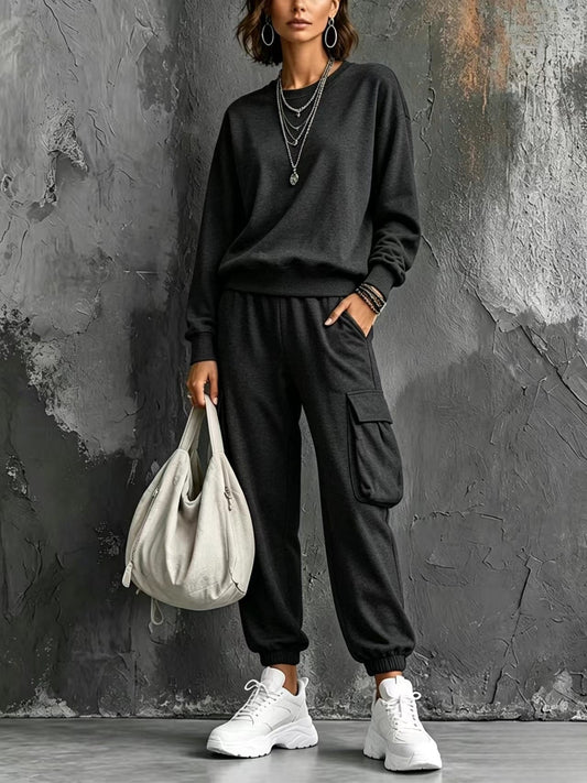 Womens Round-neck Solid-color Long-sleeve Top And Pants Set - RALO COLLECTION STUDIO