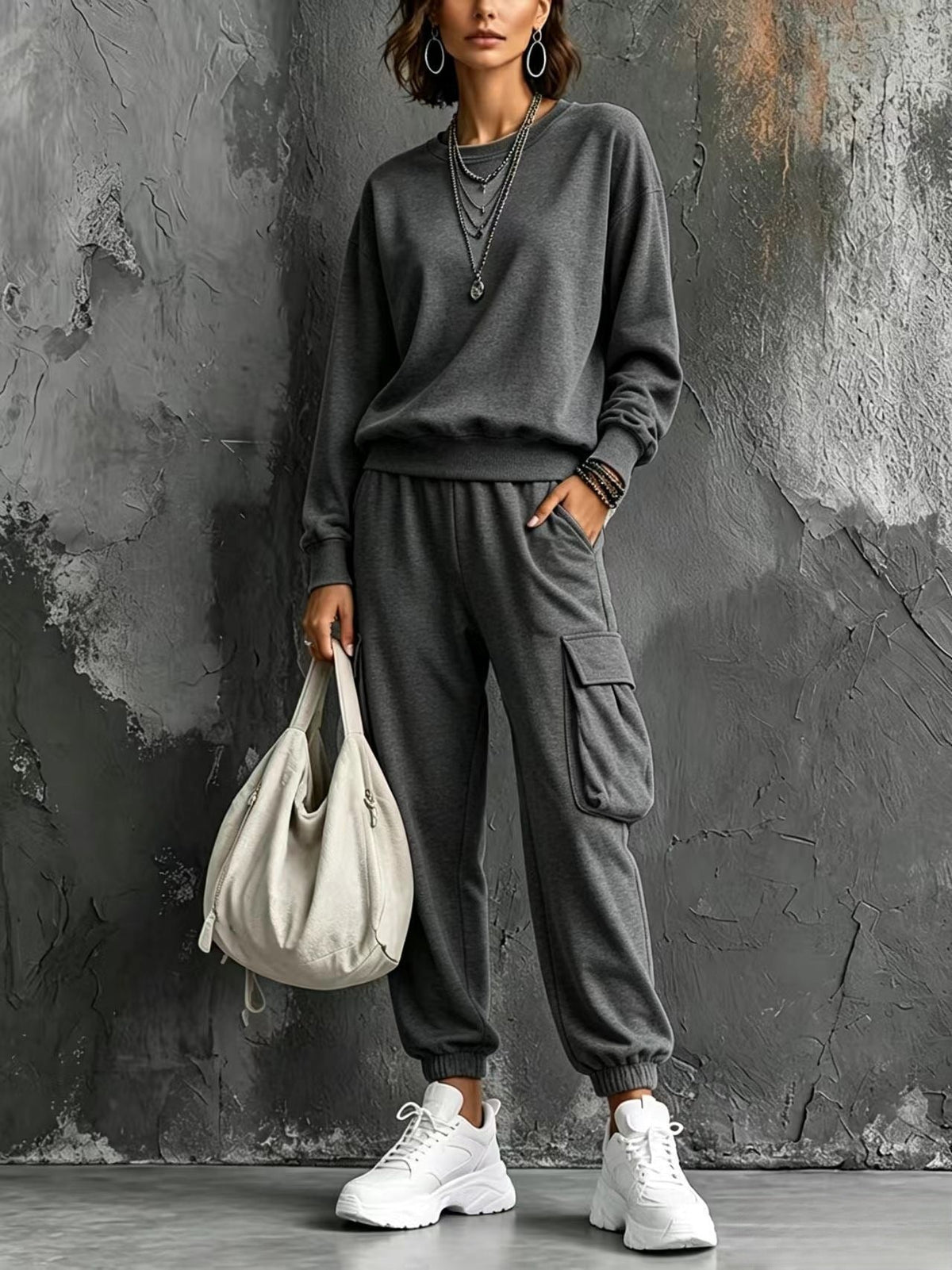 Womens Round-neck Solid-color Long-sleeve Top And Pants Set - RALO COLLECTION STUDIO