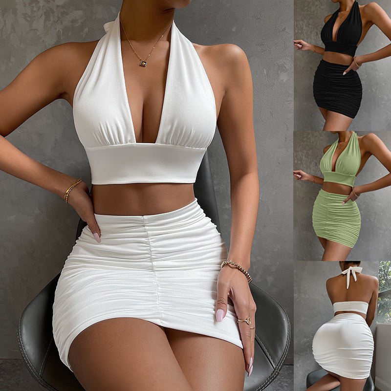 2pcs Dress Suits For Women Halter Lace-up Hip Top And Pleated Hip-covering Skirt - RALO COLLECTION STUDIO