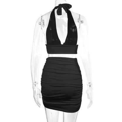 2pcs Dress Suits For Women Halter Lace-up Hip Top And Pleated Hip-covering Skirt - RALO COLLECTION STUDIO