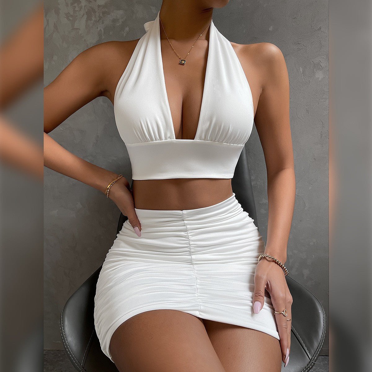 2pcs Dress Suits For Women Halter Lace-up Hip Top And Pleated Hip-covering Skirt - RALO COLLECTION STUDIO