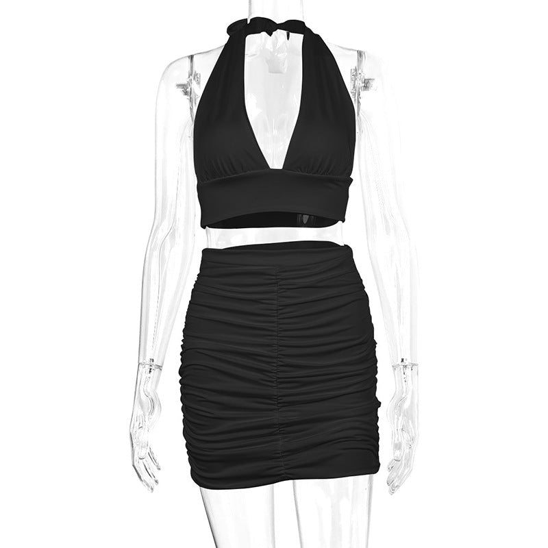 2pcs Dress Suits For Women Halter Lace-up Hip Top And Pleated Hip-covering Skirt - RALO COLLECTION STUDIO