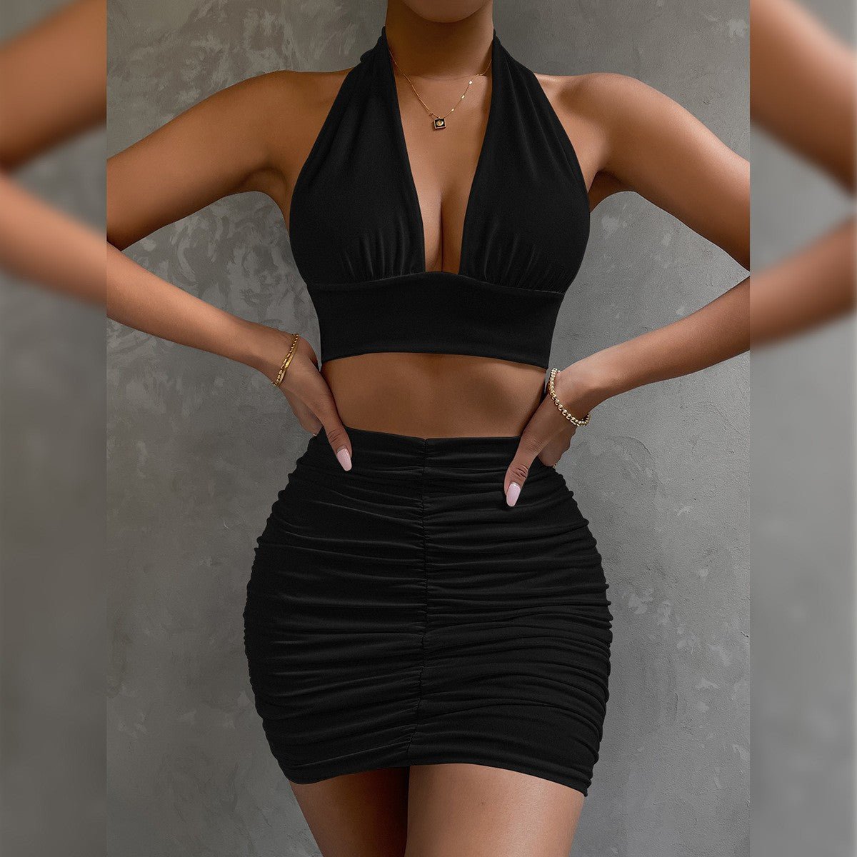 2pcs Dress Suits For Women Halter Lace-up Hip Top And Pleated Hip-covering Skirt - RALO COLLECTION STUDIO