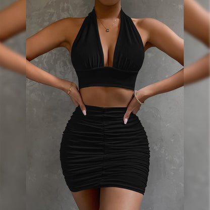 2pcs Dress Suits For Women Halter Lace-up Hip Top And Pleated Hip-covering Skirt - RALO COLLECTION STUDIO