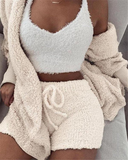 3pcs Womens Clothing Long Sleeve Crop Tank Top And Drawstring Shorts Pajama Set - RALO COLLECTION STUDIO