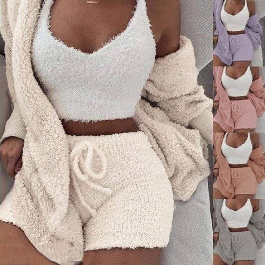 3pcs Womens Clothing Long Sleeve Crop Tank Top And Drawstring Shorts Pajama Set - RALO COLLECTION STUDIO