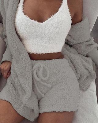 3pcs Womens Clothing Long Sleeve Crop Tank Top And Drawstring Shorts Pajama Set - RALO COLLECTION STUDIO