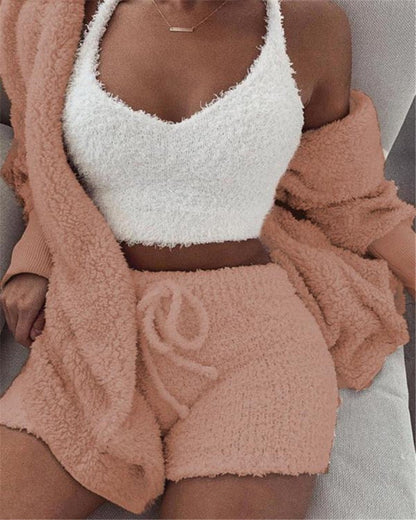 3pcs Womens Clothing Long Sleeve Crop Tank Top And Drawstring Shorts Pajama Set - RALO COLLECTION STUDIO