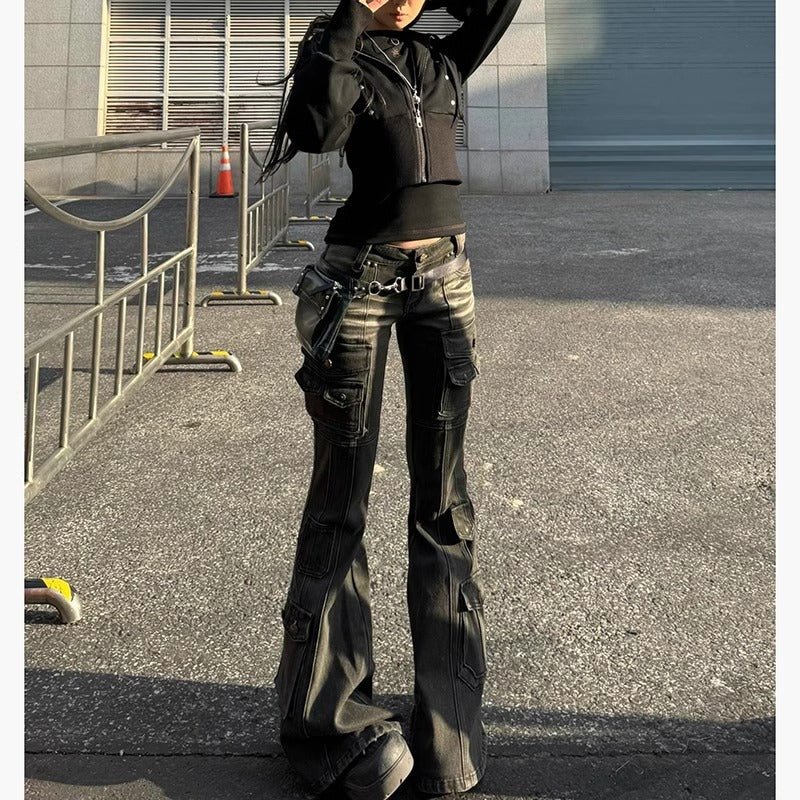 American Retro Multi-pocket Low-waist Slightly Flared Pants - RALO COLLECTION STUDIO