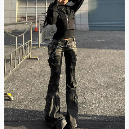 American Retro Multi-pocket Low-waist Slightly Flared Pants - RALO COLLECTION STUDIO