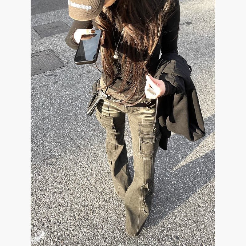 American Retro Multi-pocket Low-waist Slightly Flared Pants - RALO COLLECTION STUDIO