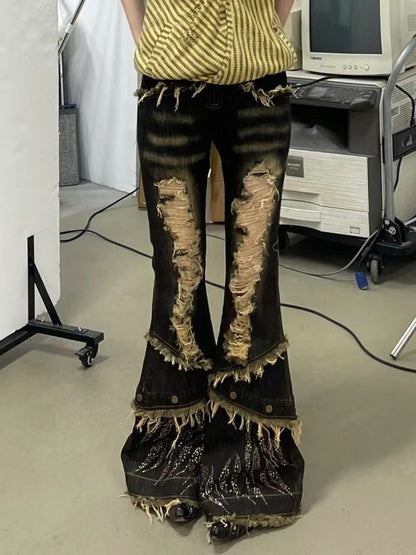 American Retro Plus Size Water Washed Hole Slightly Flared Jeans - RALO COLLECTION STUDIO