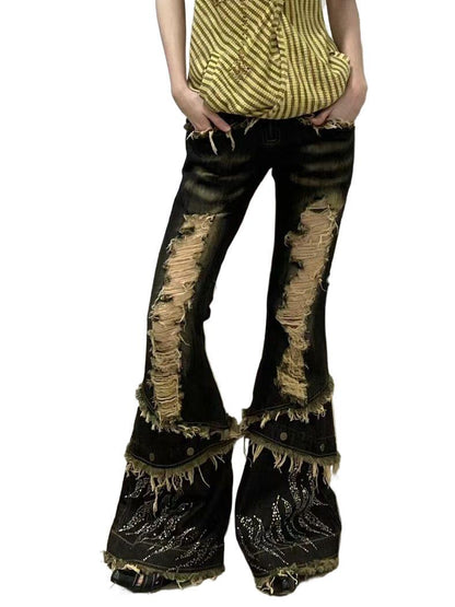 American Retro Plus Size Water Washed Hole Slightly Flared Jeans - RALO COLLECTION STUDIO