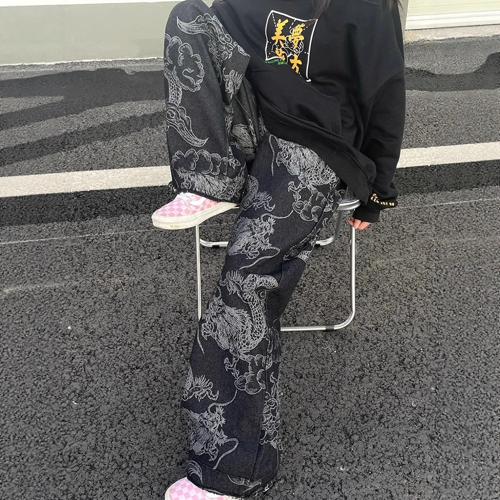 American-style Vintage Edgy Dragon-print Slimming Wide-leg Denim Pants - RALO COLLECTION STUDIO