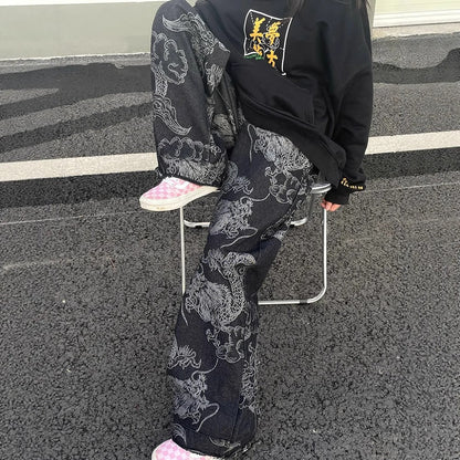 American-style Vintage Edgy Dragon-print Slimming Wide-leg Denim Pants - RALO COLLECTION STUDIO