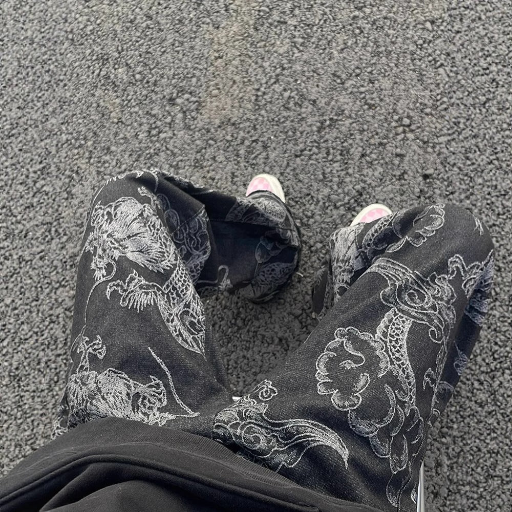American-style Vintage Edgy Dragon-print Slimming Wide-leg Denim Pants - RALO COLLECTION STUDIO
