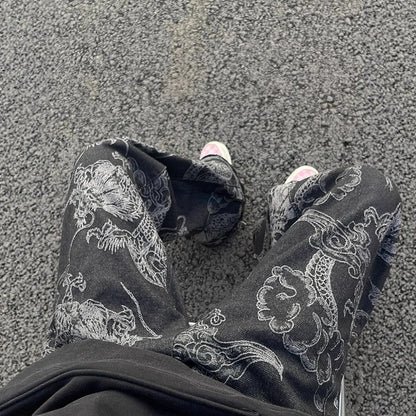 American-style Vintage Edgy Dragon-print Slimming Wide-leg Denim Pants - RALO COLLECTION STUDIO