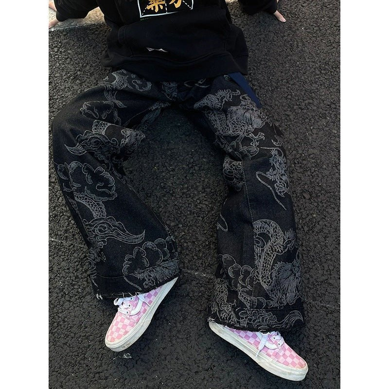 American-style Vintage Edgy Dragon-print Slimming Wide-leg Denim Pants - RALO COLLECTION STUDIO