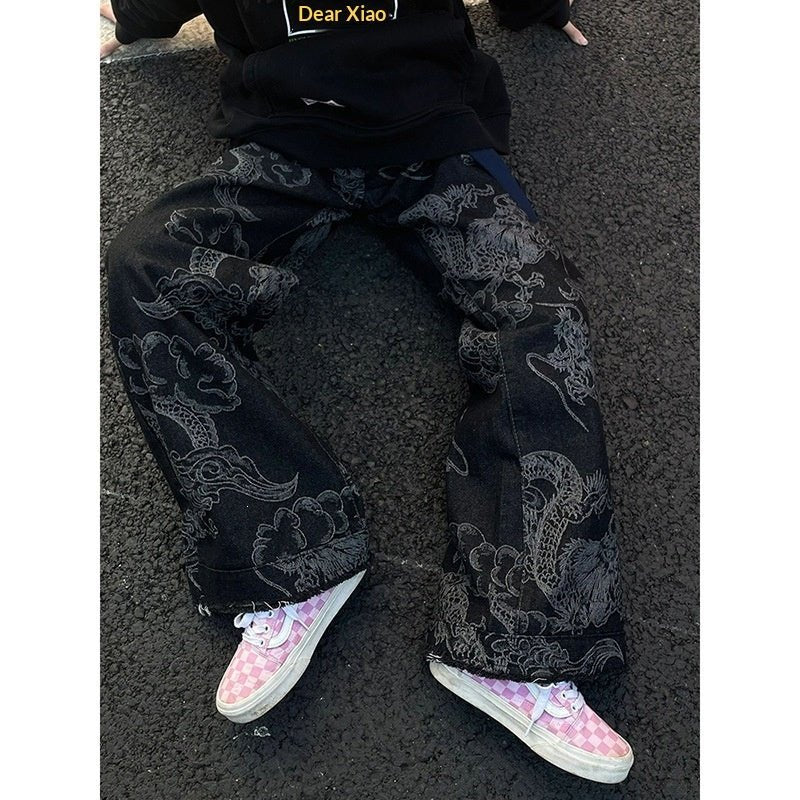 American-style Vintage Edgy Dragon-print Slimming Wide-leg Denim Pants - RALO COLLECTION STUDIO