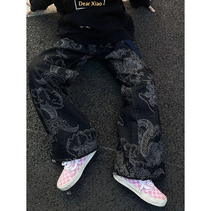 American-style Vintage Edgy Dragon-print Slimming Wide-leg Denim Pants - RALO COLLECTION STUDIO