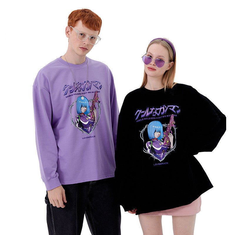 Anime Print T-shirt Men And Women Couple Long-sleeved Loose Casual Bottoming Top - RALO COLLECTION STUDIO