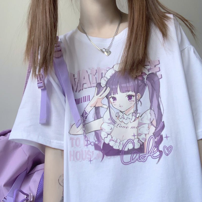 Anime Print White Short Sleeve T-Shirt Women - RALO COLLECTION STUDIO