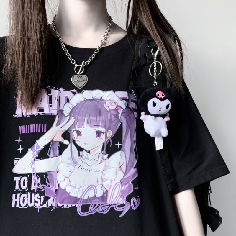 Anime Print White Short Sleeve T-Shirt Women - RALO COLLECTION STUDIO
