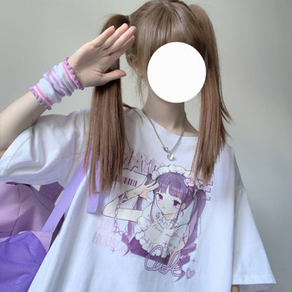Anime Print White Short Sleeve T-Shirt Women - RALO COLLECTION STUDIO