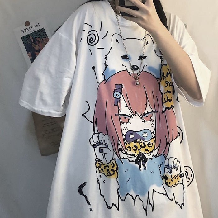 Anime White New Loose Ladies Short Sleeve T-shirt - RALO COLLECTION STUDIO