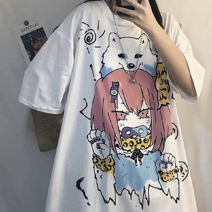 Anime White New Loose Ladies Short Sleeve T-shirt - RALO COLLECTION STUDIO
