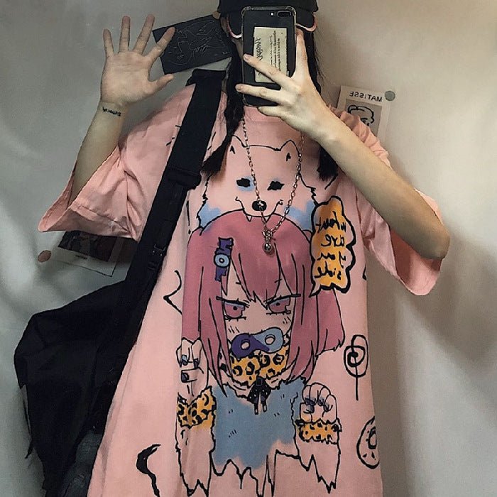Anime White New Loose Ladies Short Sleeve T-shirt - RALO COLLECTION STUDIO