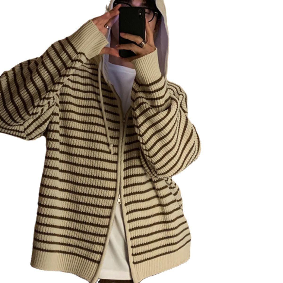 AutumnWinter Hooded Striped Sweater Cardigan Coat - RALO COLLECTION STUDIO
